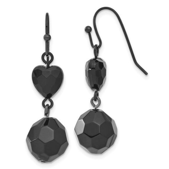 1928 Jewelry Black Acrylic Heart and Ball Bead Dangle Earrings - Picture 1 of 3